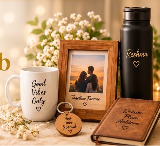 A mug, a framed photo, a bottle, a keychain and a notebook, arranged with white blossoms